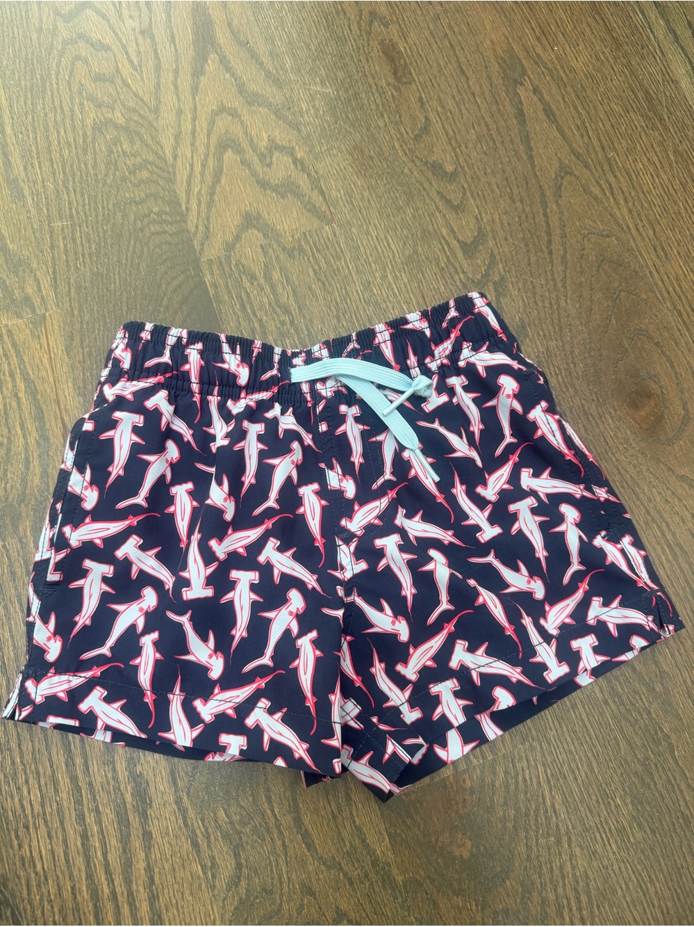 Southern Tide Navy Shark-Print Swim Shorts with Light Blue Drawstring